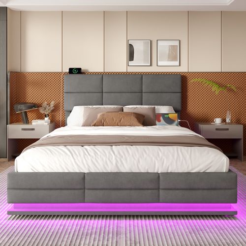 Lit Coffre Adulte 180x200 Cm En Velours Gris Avec LED, Ports USB-c, Tête Réglable