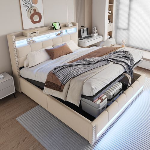 Lit Coffre Adulte 180x200 Cm Beige En Lin Tissu  Avec LED, USB, Sommier à Lattes