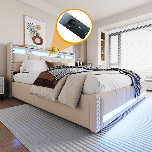 Lit Coffre Adulte 180x200 Cm Beige En Lin Tissu  Avec LED, USB, Sommier à Lattes
