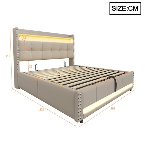Lit Coffre Adulte 180x200 Cm Beige En Lin Tissu  Avec LED, USB, Sommier à Lattes
