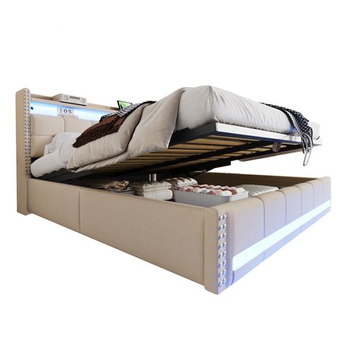 Lit Coffre Adulte 180x200 Cm Beige En Lin Tissu  Avec LED, USB, Sommier à Lattes