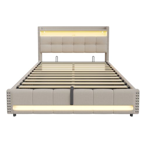 Lit Coffre Adulte 180x200 Cm Beige En Lin Tissu  Avec LED, USB, Sommier à Lattes