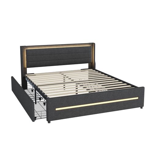 Lit Adulte 160x200 Cm Gris En Lin Tissu, LED, 4 Tiroirs De Rangement, Sommier à Lattes