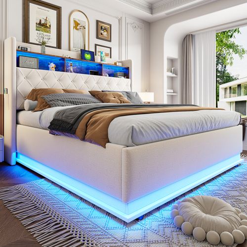 Lit Coffre Adulte 180x200, Port USB, Tissu En Lin Beige, Sommier à Lattes