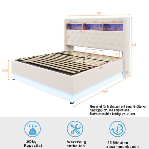 Lit Coffre Adulte 180x200, Port USB, Tissu En Lin Beige, Sommier à Lattes