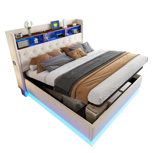 Lit Coffre Adulte 180x200, Port USB, Tissu En Lin Beige, Sommier à Lattes
