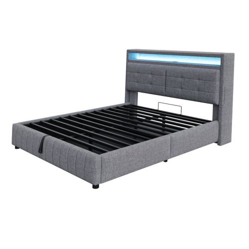 Lit Coffre 160x200cm Gris,lit Adulte Tissu Lin Avec LED, Ports USB-c, Sommier à Lattes