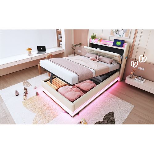Lit Enfant Coffre 90x200cm Tissu Lin, LED + USB, Tête De Lit Rangement, Beige