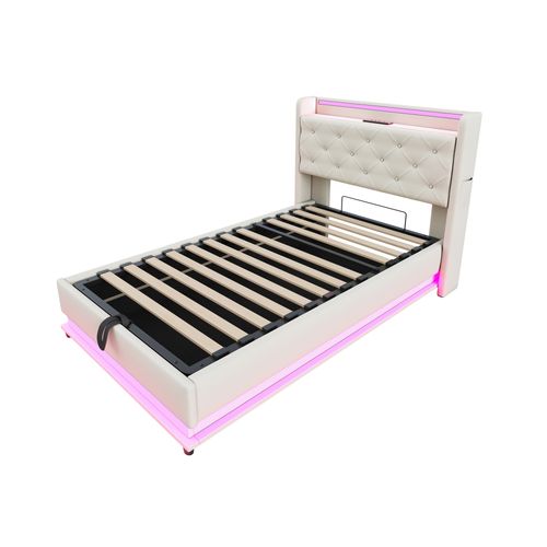 Lit Enfant Coffre 90x200cm Tissu Lin, LED + USB, Tête De Lit Rangement, Beige