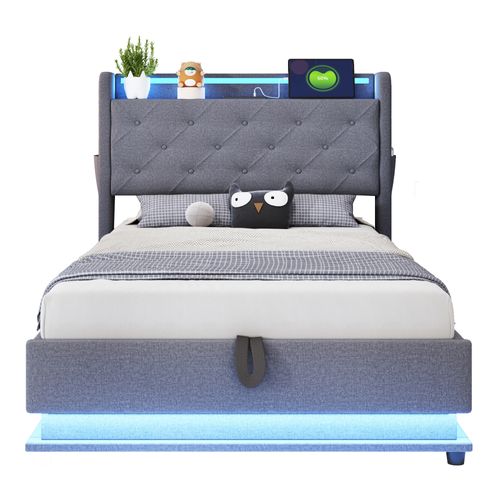 Lit Enfant Coffre 90x200cm Tissu Lin, LED + USB, Tête De Lit Rangement, Gris