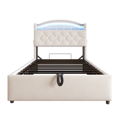 Lit Coffre Enfant 90x200cm Avec Tête De Lit Rangement, LED+usb, Velours, Beige