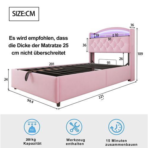 Lit Coffre Enfant 90x200cm Avec Tête De Lit Rangement, LED+usb, Velours, Rose