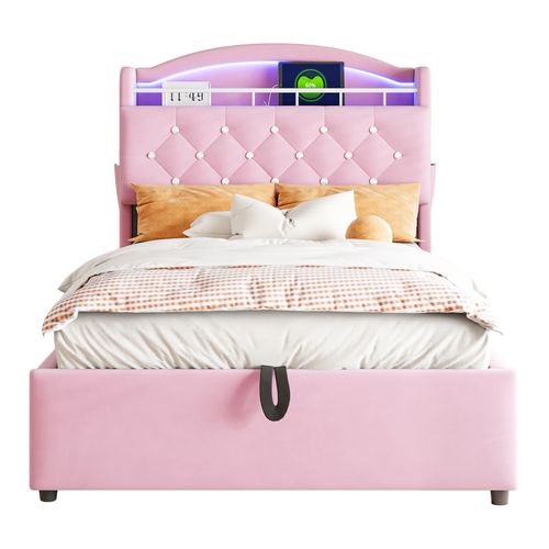 Lit Coffre Enfant 90x200cm Avec Tête De Lit Rangement, LED+usb, Velours, Rose