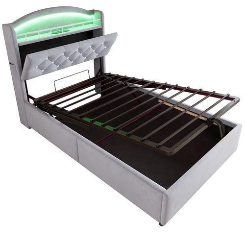 Lit Coffre Enfant 90x200cm Avec Tête De Lit Rangement, LED+usb, Velours, Gris