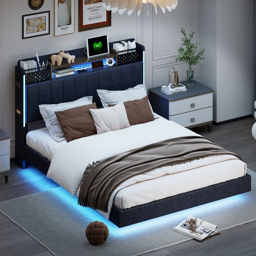 Lit Adulte 140x200cm Tissu Lin,led + USB, Tête De Lit Avec Rangement,gris