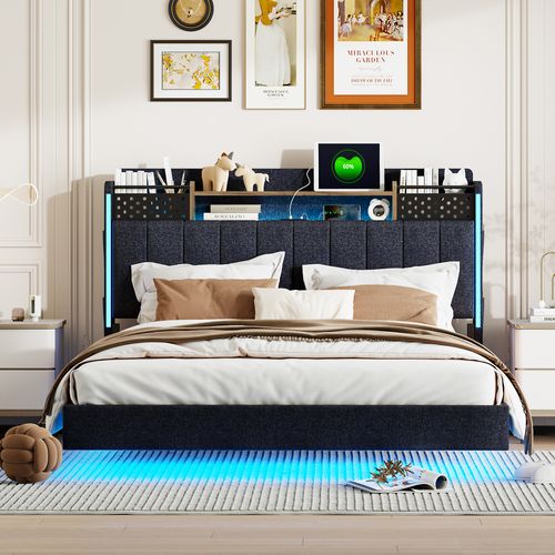 Lit Adulte 140x200cm Tissu Lin,led + USB, Tête De Lit Avec Rangement,gris