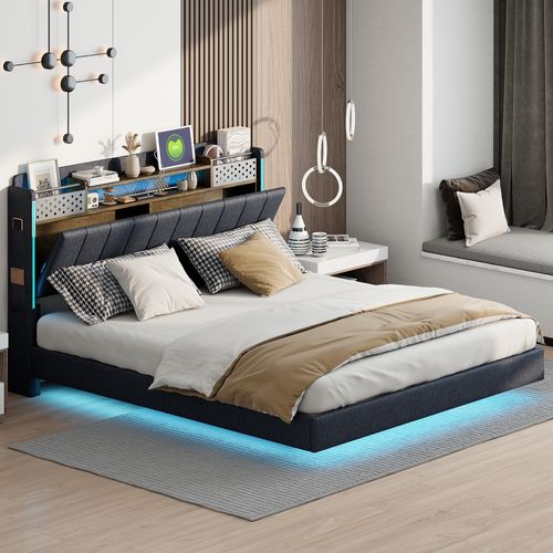 Lit Adulte 160x200cm Tissu Lin,led + USB, Tête De Lit Avec Rangement,gris