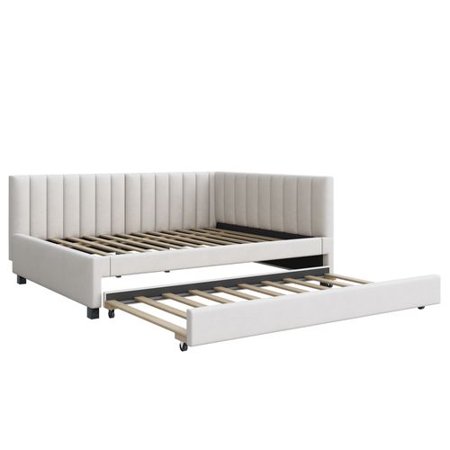 Lit Adulte 140x200 Cm Avec Lit Gigogne 90x190cm, Velours, Beige
