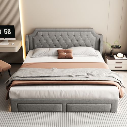 Lit 180x200cm,lit Adulte Avec 2 Tiroirs De Rangement Et LED, Sommier à Lattes,tissu Lin, Gris