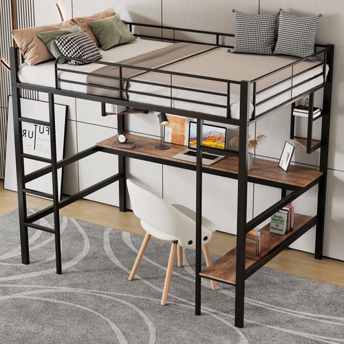 Lit Mezzanine Enfant 90x200cm Avec Bureau Et Étagère De Rangement, Métal, Noir