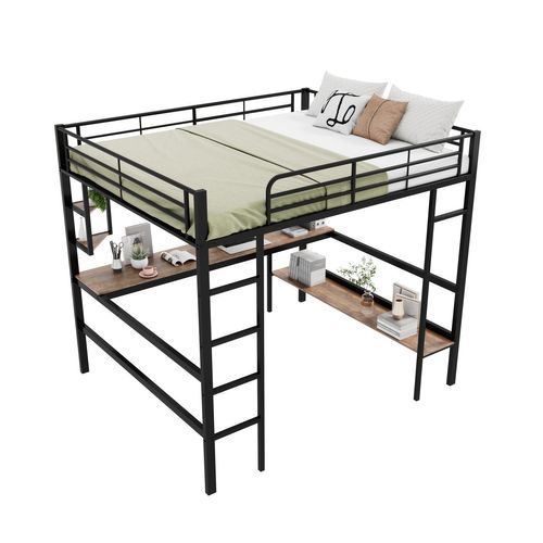 Lit Mezzanine 140x200cm Lit Enfant/adulte Avec Bureau Et Étagère De Rangement, Métal, Noir