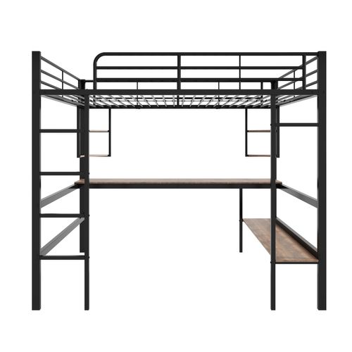 Lit Mezzanine 140x200cm Lit Enfant/adulte Avec Bureau Et Étagère De Rangement, Métal, Noir
