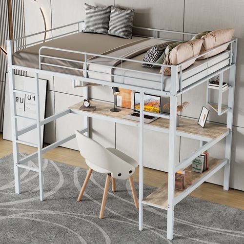 Lit Mezzanine Enfant 90x200cm Avec Bureau Et Étagère De Rangement, Métal, Blanc