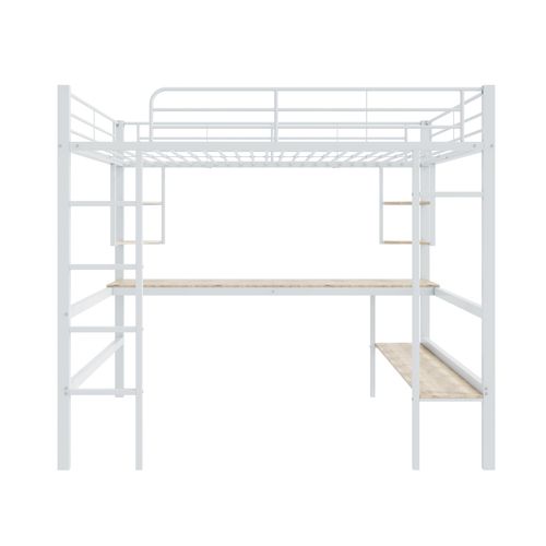 Lit Mezzanine 140x200 Cm Avec Bureau Et Étagère De Rangement, Métal, Blanc