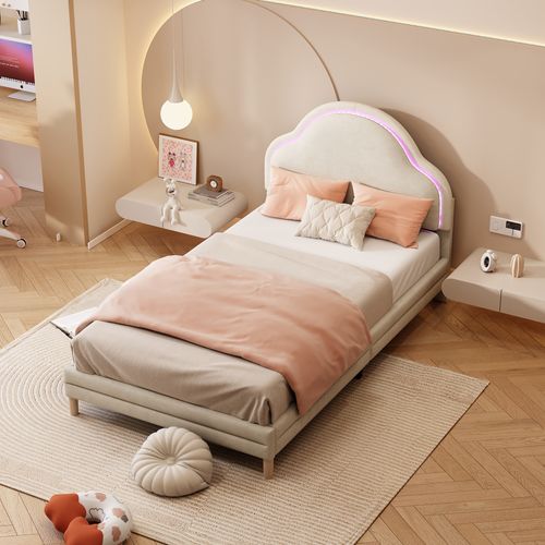Lit Enfant 90x200 Cm En Velours Avec LED, Beige