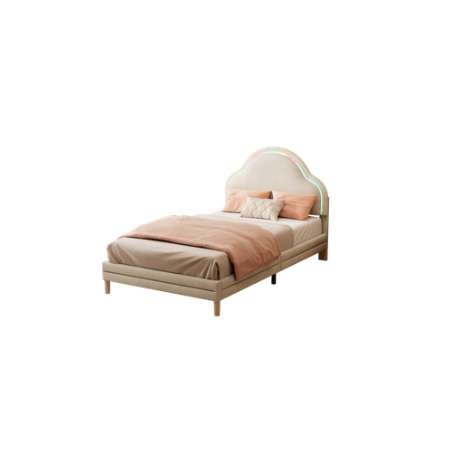 Lit Enfant 90x200 Cm En Velours Avec LED, Beige