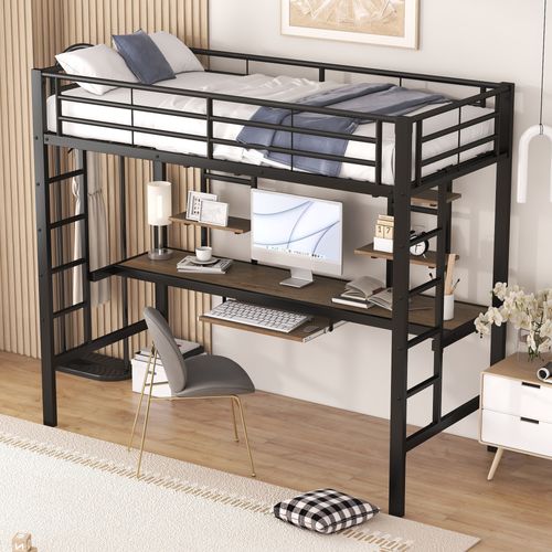 Lit Mezzanine Enfant 90x200cm En Métal, Cadre De Lit Avec Bureau Et Étagère De Rangement, Noir