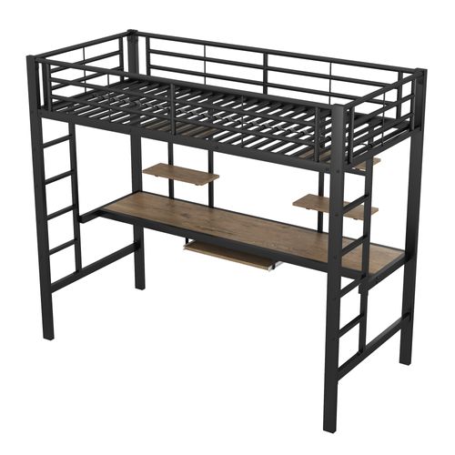 Lit Mezzanine Enfant 90x200cm En Métal, Cadre De Lit Avec Bureau Et Étagère De Rangement, Noir