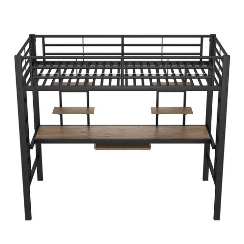 Lit Mezzanine Enfant 90x200cm En Métal, Cadre De Lit Avec Bureau Et Étagère De Rangement, Noir
