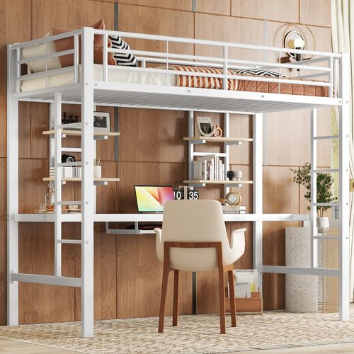 Lit Mezzanine Enfant 90x200cm En Métal, Cadre De Lit Avec Bureau Et Étagère De Rangement, Blanc