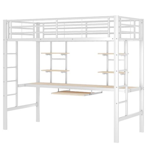 Lit Mezzanine Enfant 90x200cm En Métal, Cadre De Lit Avec Bureau Et Étagère De Rangement, Blanc
