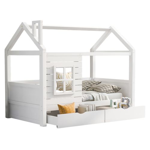 Lit Enfant 90x200cm, Lit Cabane Avec 2 Tiroirs De Rangement, Pin, Blanc