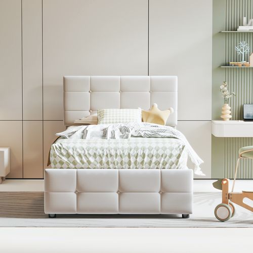 Lit Coffre Enfant 90x200cm, Tête De Lit Réglable En Hauteur, Velours, Rangement, Beige