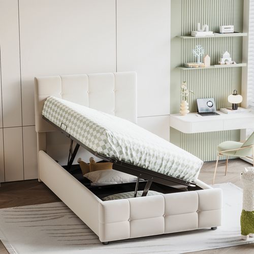 Lit Coffre Enfant 90x200cm, Tête De Lit Réglable En Hauteur, Velours, Rangement, Beige