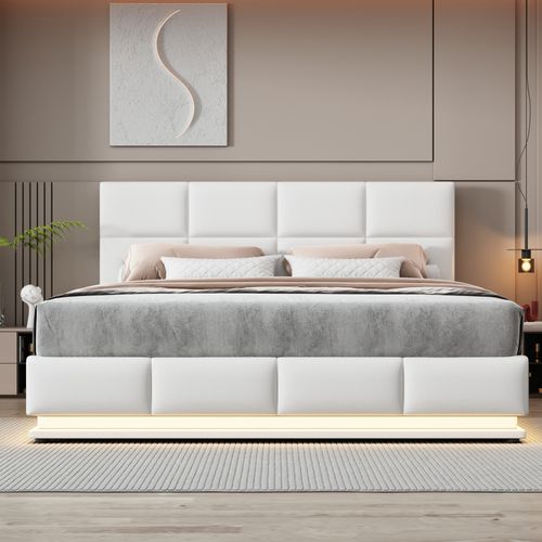 Lit 180x200cm, Lit Coffre Adulte Avec LED Et Sommier à Lattes, Rangement, Simili Cuir,blanc