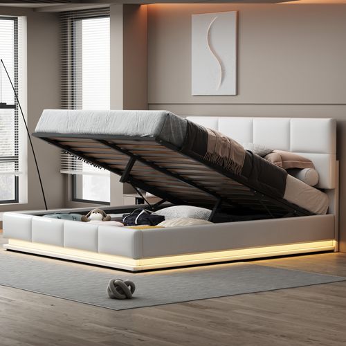 Lit 180x200cm, Lit Coffre Adulte Avec LED Et Sommier à Lattes, Rangement, Simili Cuir,blanc