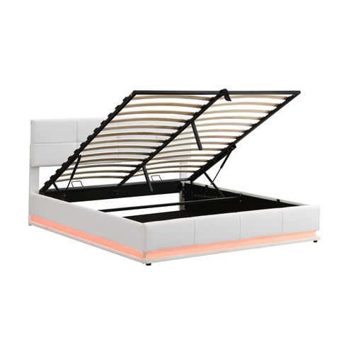 Lit 180x200cm, Lit Coffre Adulte Avec LED Et Sommier à Lattes, Rangement, Simili Cuir,blanc