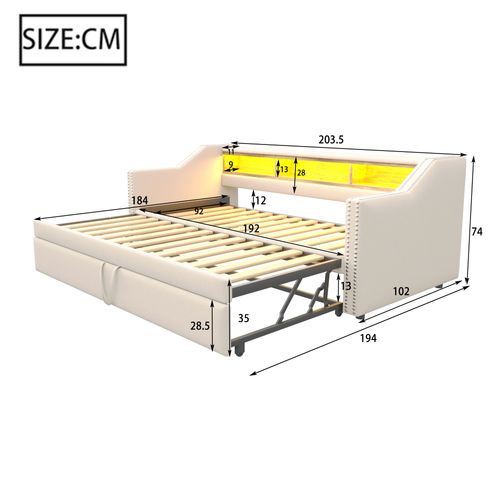 Lit Enfant 90/180x190cm Tissu Lin, Lit Gigogne, Tête De Lit Avec Rangement, LED + USB, Beige