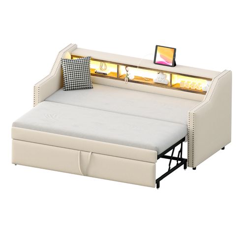 Lit Enfant 90/180x190cm Tissu Lin, Lit Gigogne, Tête De Lit Avec Rangement, LED + USB, Beige