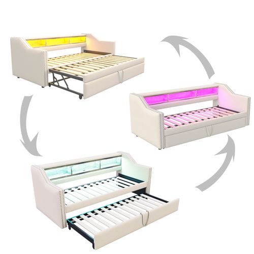 Lit Enfant 90/180x190cm Tissu Lin, Lit Gigogne, Tête De Lit Avec Rangement, LED + USB, Beige