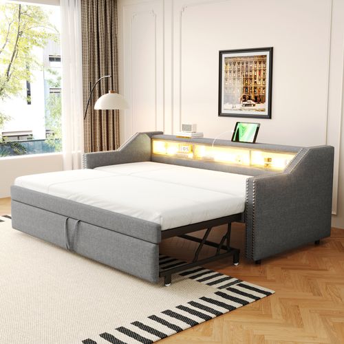 Lit Enfant 90/180x190cm Tissu Lin, Lit Gigogne, Tête De Lit Avec Rangement, LED + USB, Gris