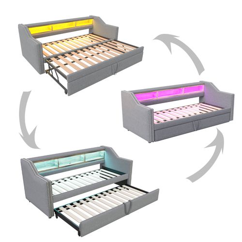 Lit Enfant 90/180x190cm Tissu Lin, Lit Gigogne, Tête De Lit Avec Rangement, LED + USB, Gris