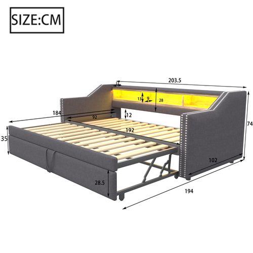 Lit Enfant 90/180x190cm Gris En Tissu Lin, Lit Gigogne, Tête De Lit Avec Rangement, LED + USB