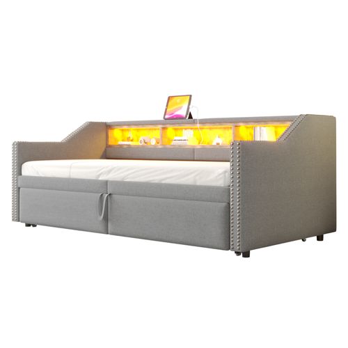 Lit Enfant 90/180x200cm Tissu Lin, Lit Gigogne, Tête De Lit Avec Rangement, LED + USB, Gris