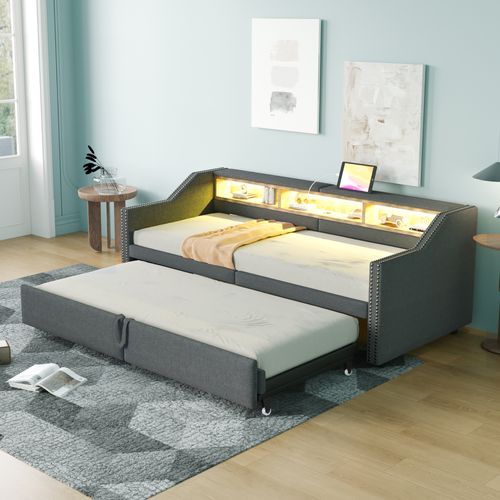 Lit Enfant 90/180x200cm Gris En Tissu Lin, Lit Gigogne, Tête De Lit Avec Rangement, LED + USB