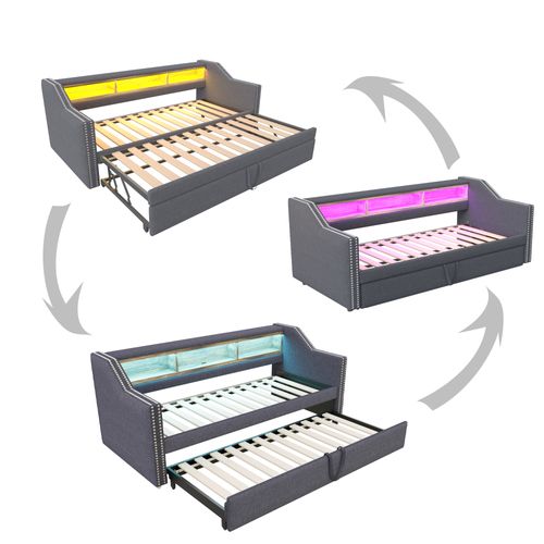 Lit Enfant 90/180x200cm Gris En Tissu Lin, Lit Gigogne, Tête De Lit Avec Rangement, LED + USB